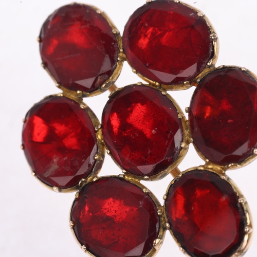 1358 - A Georgian flat-top red paste cluster mourning brooch, circa 1820, apparently unmarked foiled closed... 