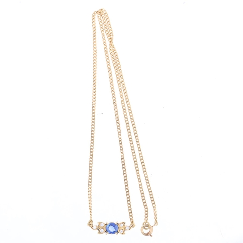 1360 - An 18ct gold sapphire and diamond flowerhead pendant necklace, on integral 18ct fine curb link chain... 