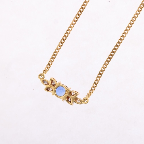 1360 - An 18ct gold sapphire and diamond flowerhead pendant necklace, on integral 18ct fine curb link chain... 