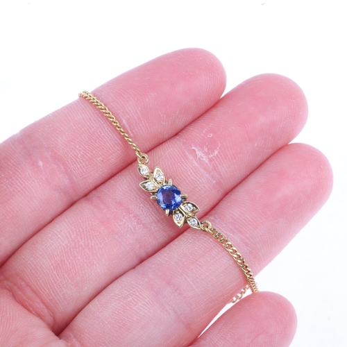 1360 - An 18ct gold sapphire and diamond flowerhead pendant necklace, on integral 18ct fine curb link chain... 