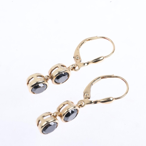 1367 - A pair of 9ct gold black diamond drop earrings, set with modern round brilliant-cut diamonds, with E... 