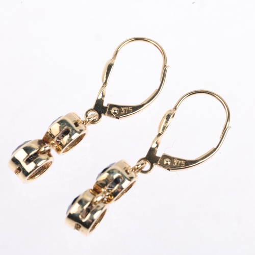 1367 - A pair of 9ct gold black diamond drop earrings, set with modern round brilliant-cut diamonds, with E... 