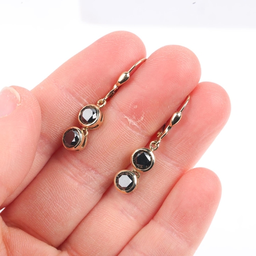 1367 - A pair of 9ct gold black diamond drop earrings, set with modern round brilliant-cut diamonds, with E... 