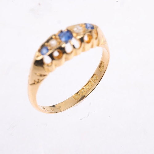 1370 - An early 20th century 18ct gold graduated five stone sapphire and diamond half hoop ring, maker CGH,... 