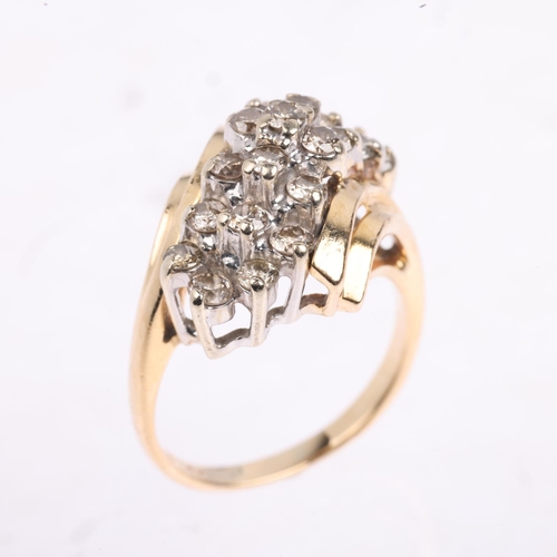 1371 - A 14ct gold diamond cluster crossover ring, set with modern round brilliant-cut diamonds, total diam... 