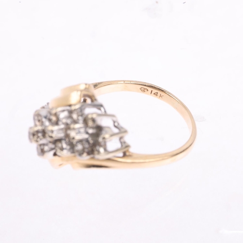 1371 - A 14ct gold diamond cluster crossover ring, set with modern round brilliant-cut diamonds, total diam... 