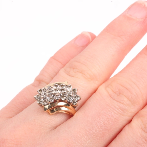 1371 - A 14ct gold diamond cluster crossover ring, set with modern round brilliant-cut diamonds, total diam... 