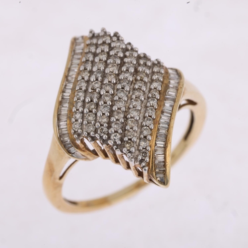 1375 - A modern 9ct gold diamond cluster crossover ring, total diamond content approx 0.5ct, setting height... 