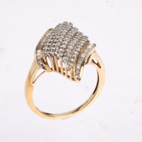 1375 - A modern 9ct gold diamond cluster crossover ring, total diamond content approx 0.5ct, setting height... 