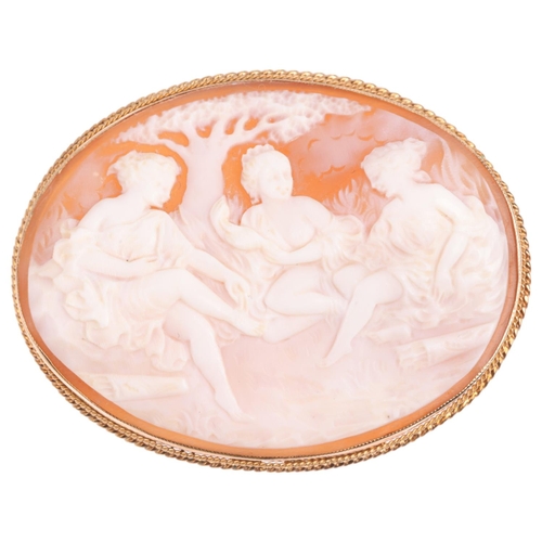 1378 - A late 20th century 9ct gold 'Bathing Ladies' shell cameo brooch, maker RBS, Birmingham 1975, 52.8mm... 