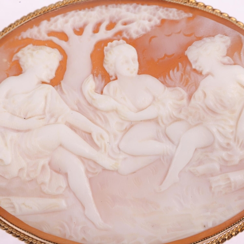 1378 - A late 20th century 9ct gold 'Bathing Ladies' shell cameo brooch, maker RBS, Birmingham 1975, 52.8mm... 