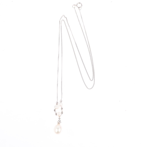 1382 - A modern 9ct white gold cultured pearl and cubic zirconia pendant necklace, 40cm, 1.9g