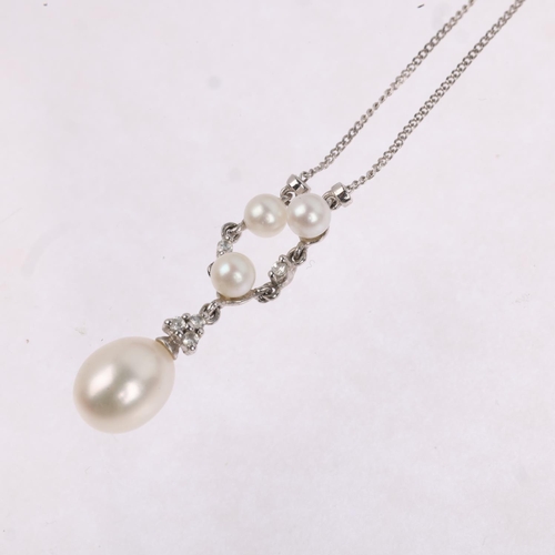 1382 - A modern 9ct white gold cultured pearl and cubic zirconia pendant necklace, 40cm, 1.9g