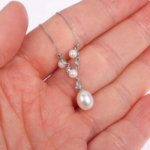 1382 - A modern 9ct white gold cultured pearl and cubic zirconia pendant necklace, 40cm, 1.9g