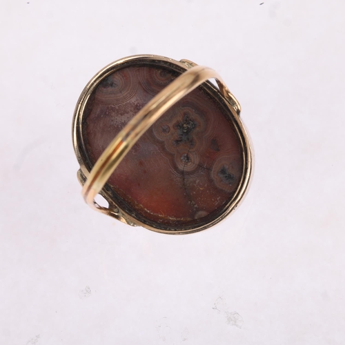 1383 - An Antique Jasper hardstone cameo ring, high relief carved depicting female profile, in unmarked gol... 