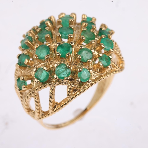 1384 - A large 1970s 9ct gold emerald bombe ring, maker H&M, London 1972, setting height 19.4mm, size O, 5.... 