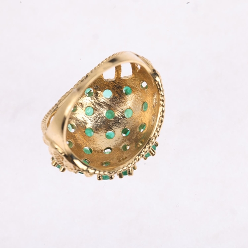 1384 - A large 1970s 9ct gold emerald bombe ring, maker H&M, London 1972, setting height 19.4mm, size O, 5.... 