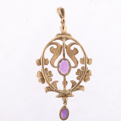 1386 - A late 20th century 9ct gold amethyst and pearl openwork pendant necklace, in the Edwardian style, i... 