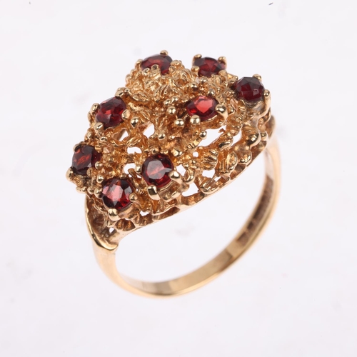 1388 - A 1970s 9ct gold garnet modernist abstract ring, maker KR, Birmingham 1972, setting height 15.1mm, s... 