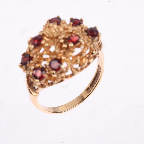 1388 - A 1970s 9ct gold garnet modernist abstract ring, maker KR, Birmingham 1972, setting height 15.1mm, s... 