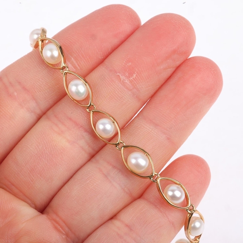 1390 - A 9ct gold whole pearl eye line bracelet, 19cm, 7g