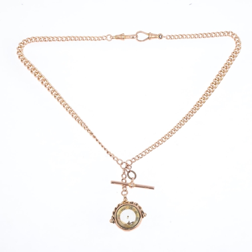 1393 - An Antique 9ct rose gold graduated curb link double-Albert chain necklace, with 9ct compass fob, 2 x... 