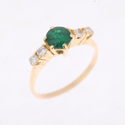 1395 - A modern emerald and diamond dress ring, apparently unmarked, setting height 7.2mm, size O, 2.4g