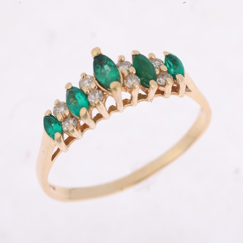 1400 - A 14ct gold emerald and diamond half hoop ring, set with marquise-cut emeralds and round-cut diamond... 