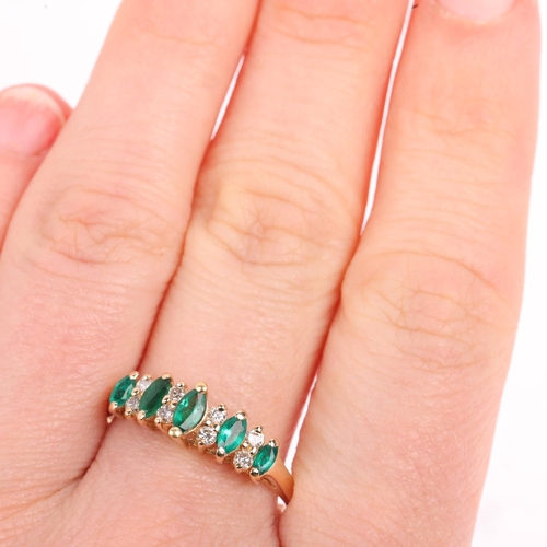 1400 - A 14ct gold emerald and diamond half hoop ring, set with marquise-cut emeralds and round-cut diamond... 