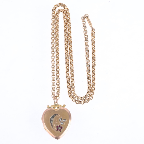 1404 - An Antique 9ct back and front heart photo locket pendant, on 9ct gold belcher link chain, pendant 35... 