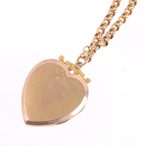 1404 - An Antique 9ct back and front heart photo locket pendant, on 9ct gold belcher link chain, pendant 35... 