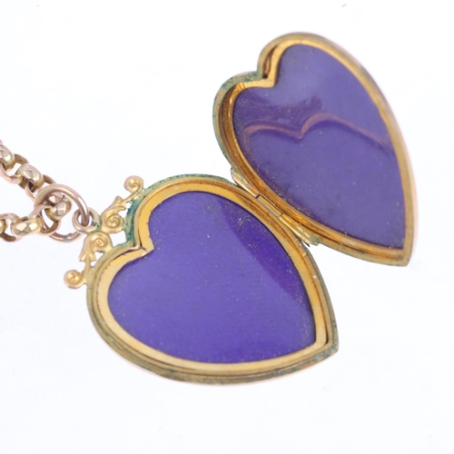 1404 - An Antique 9ct back and front heart photo locket pendant, on 9ct gold belcher link chain, pendant 35... 