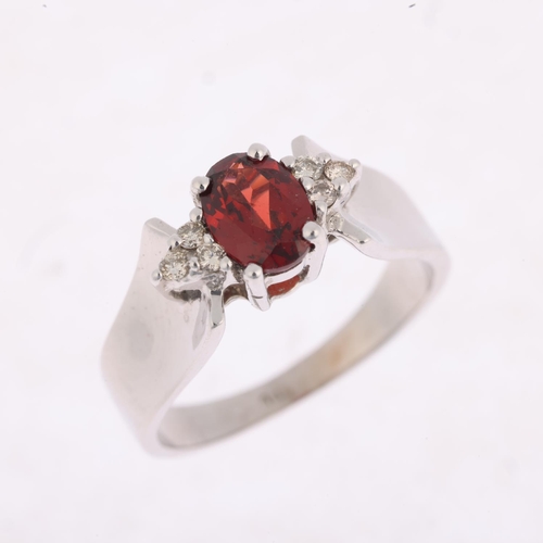 1406 - A modernist 14ct white gold garnet and diamond dress ring, maker KEL, setting height 7.2mm, size N, ... 