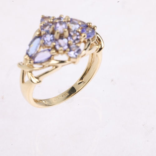 1407 - A 9ct gold tanzanite cluster dress ring, setting height 14.7mm, size P, 4.1g