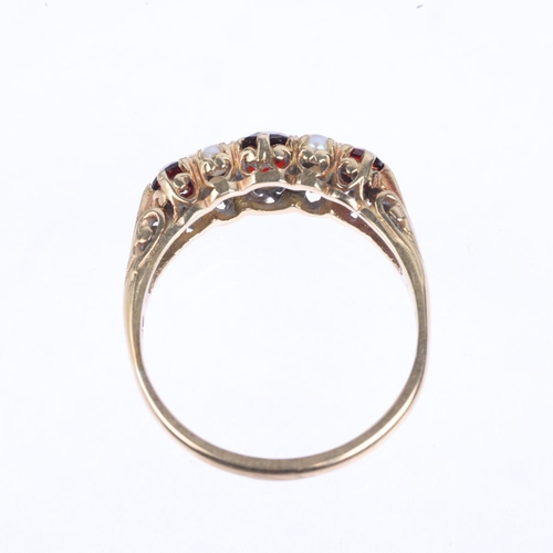 1410 - A mid-20th century 9ct gold seven stone garnet and pearl half hoop ring, London 1963, setting height... 