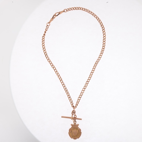 1413 - An Antique 9ct rose gold solid curb link Albert chain necklace, with 9ct medal fob, 2 x 9ct dog clip... 