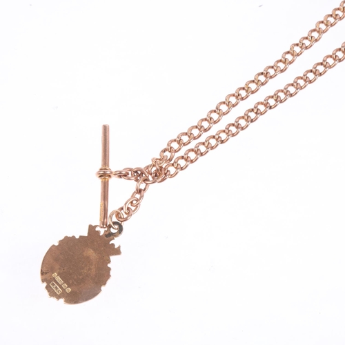 1413 - An Antique 9ct rose gold solid curb link Albert chain necklace, with 9ct medal fob, 2 x 9ct dog clip... 