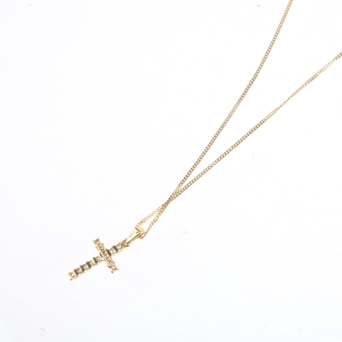 1417 - An 18ct gold diamond cross pendant necklace, on 9ct fine curb link chain, total diamond content appr... 