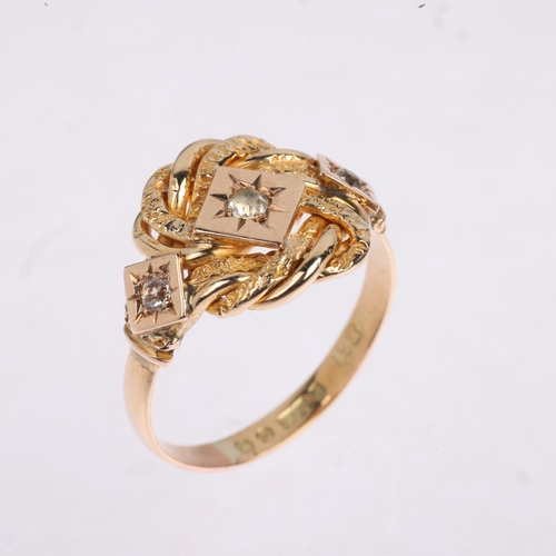 1418 - An early 20th century 9ct gold three stone paste knot ring, maker FT, London 1936, setting height 13... 