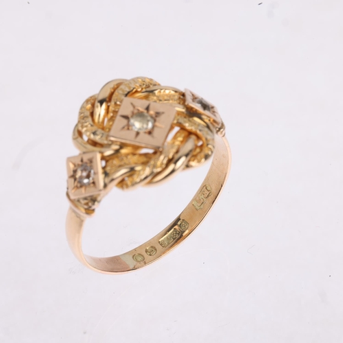 1418 - An early 20th century 9ct gold three stone paste knot ring, maker FT, London 1936, setting height 13... 