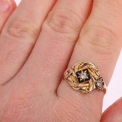 1418 - An early 20th century 9ct gold three stone paste knot ring, maker FT, London 1936, setting height 13... 