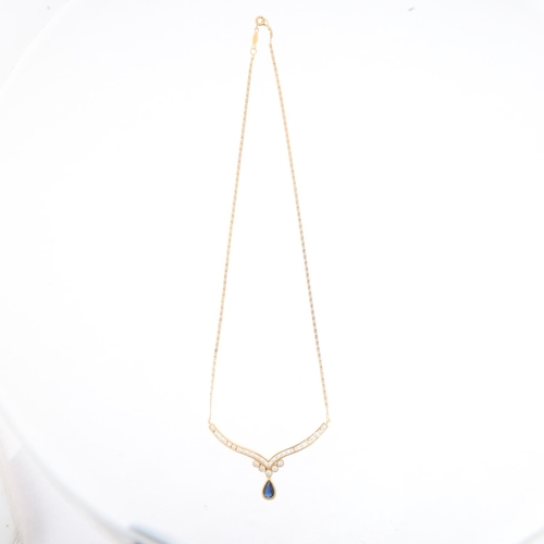 1423 - A Continental 18ct gold sapphire and diamond collar pendant necklace, by Balestra, set with pear-cut... 