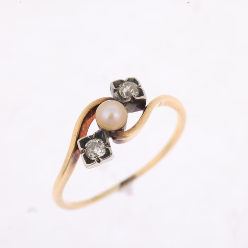 1434 - An early 20th century three stone pearl and diamond crossover ring, set with 3.7mm pearl flanked by ... 