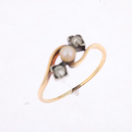 1434 - An early 20th century three stone pearl and diamond crossover ring, set with 3.7mm pearl flanked by ... 