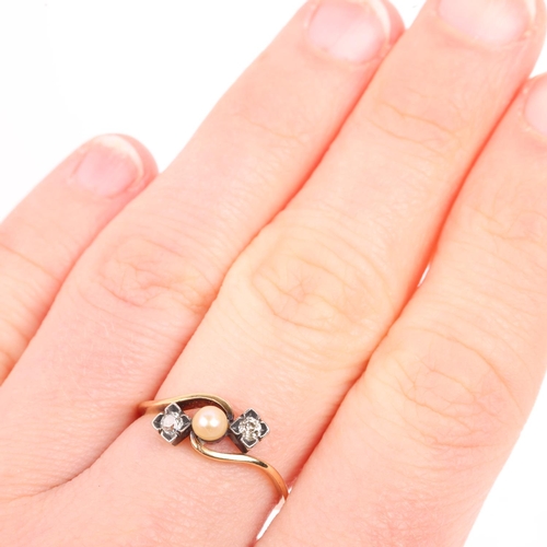 1434 - An early 20th century three stone pearl and diamond crossover ring, set with 3.7mm pearl flanked by ... 