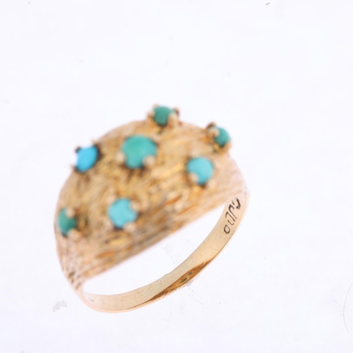 1435 - A 1960s modernist 9ct gold turquoise bombe ring, maker CJ Ltd, London 1968, textured bark decoration... 