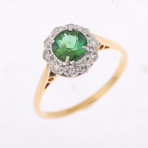 1437 - An 18ct gold green tourmaline and diamond flowerhead cluster ring, platinum-topped set with round-cu... 