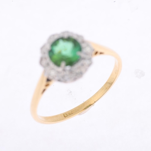 1437 - An 18ct gold green tourmaline and diamond flowerhead cluster ring, platinum-topped set with round-cu... 