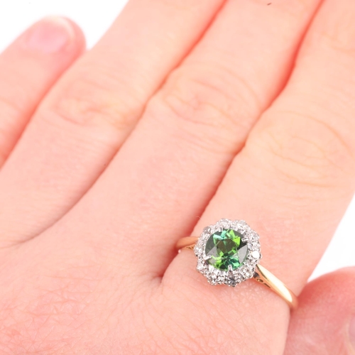 1437 - An 18ct gold green tourmaline and diamond flowerhead cluster ring, platinum-topped set with round-cu... 