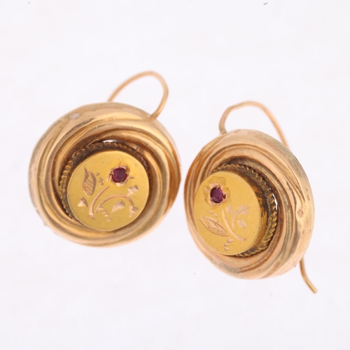 1446 - A pair of Victorian garnet earrings, unmarked gold settings with engraved floral decoration and shep... 